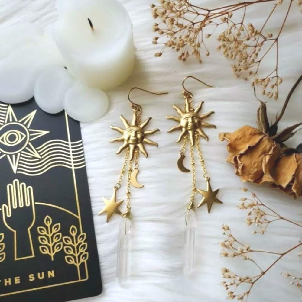 Quartz Point Mystic Boho Sun Moon Dangle Earrings